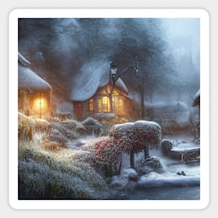 Magical Fantasy House with Lights in a Snowy Scene, Fantasy Cottagecore artwork Magnet